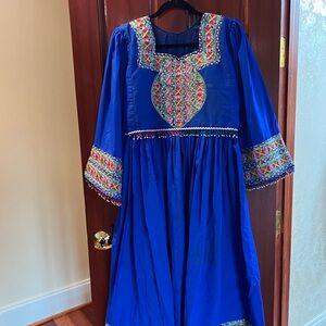 Royal Blue Afghan Clothes with Colorful Embroidery